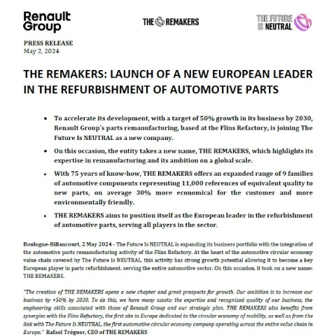 cover pr : THE REMAKERS: launch of a new european leader in the refurbishment of automotive parts